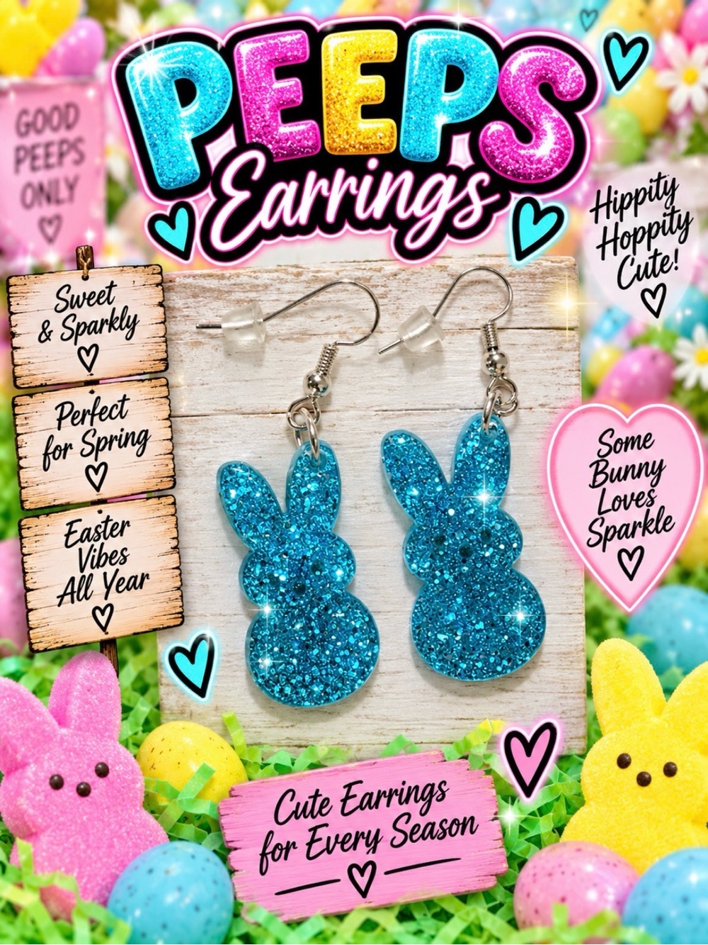 Peeps Sparkle Bunny Earrings - Blue Glitter
